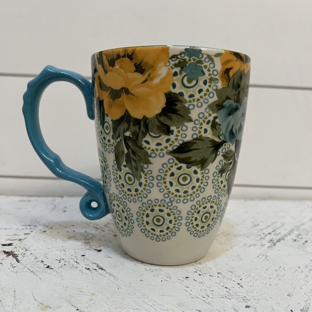 Pioneer Woman Coffee Mug 20 oz Teal Floral Mandala Yellow Rose Stoneware